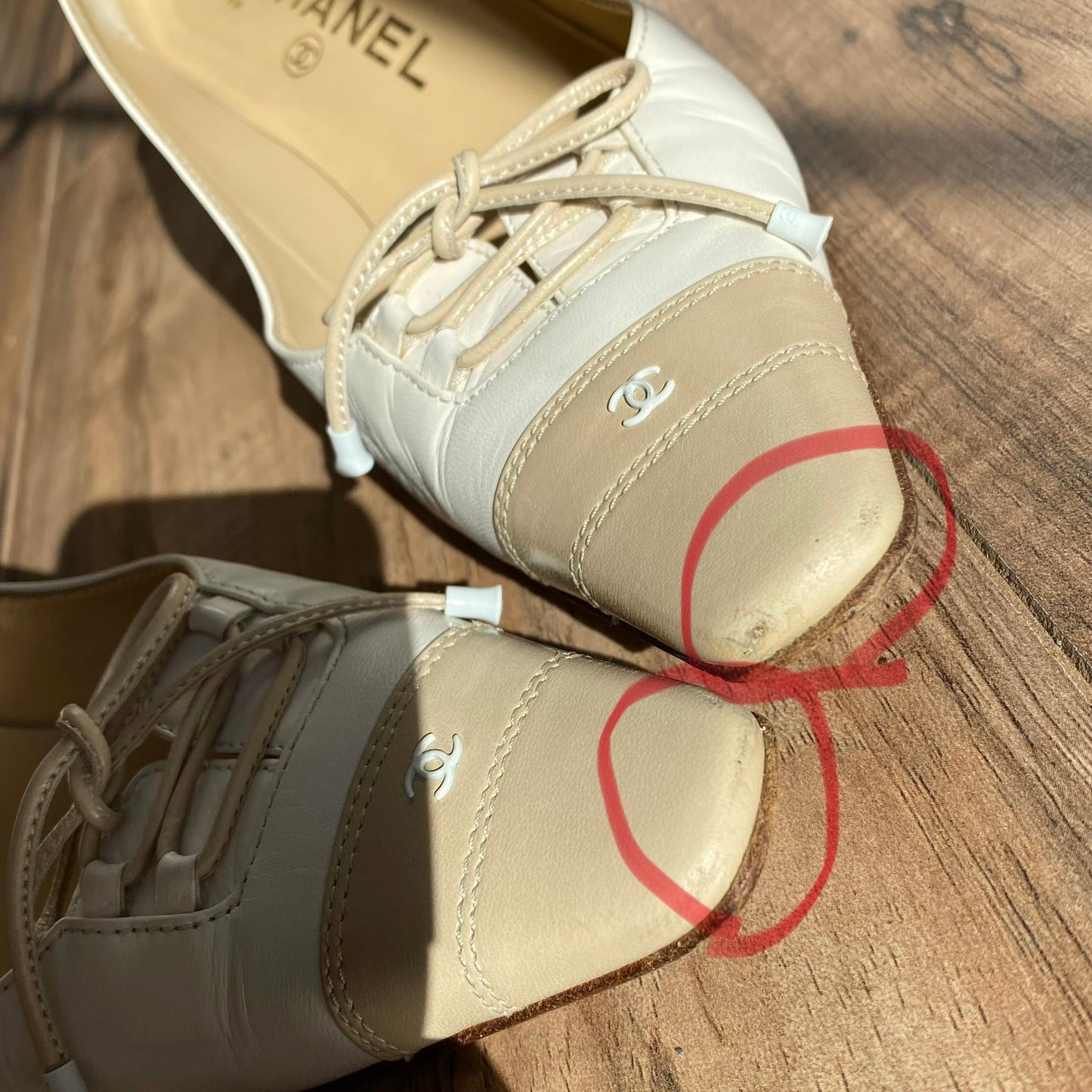 Chanel 2003 Lace-up Bow Beige / White Pointed Toe Pumps
