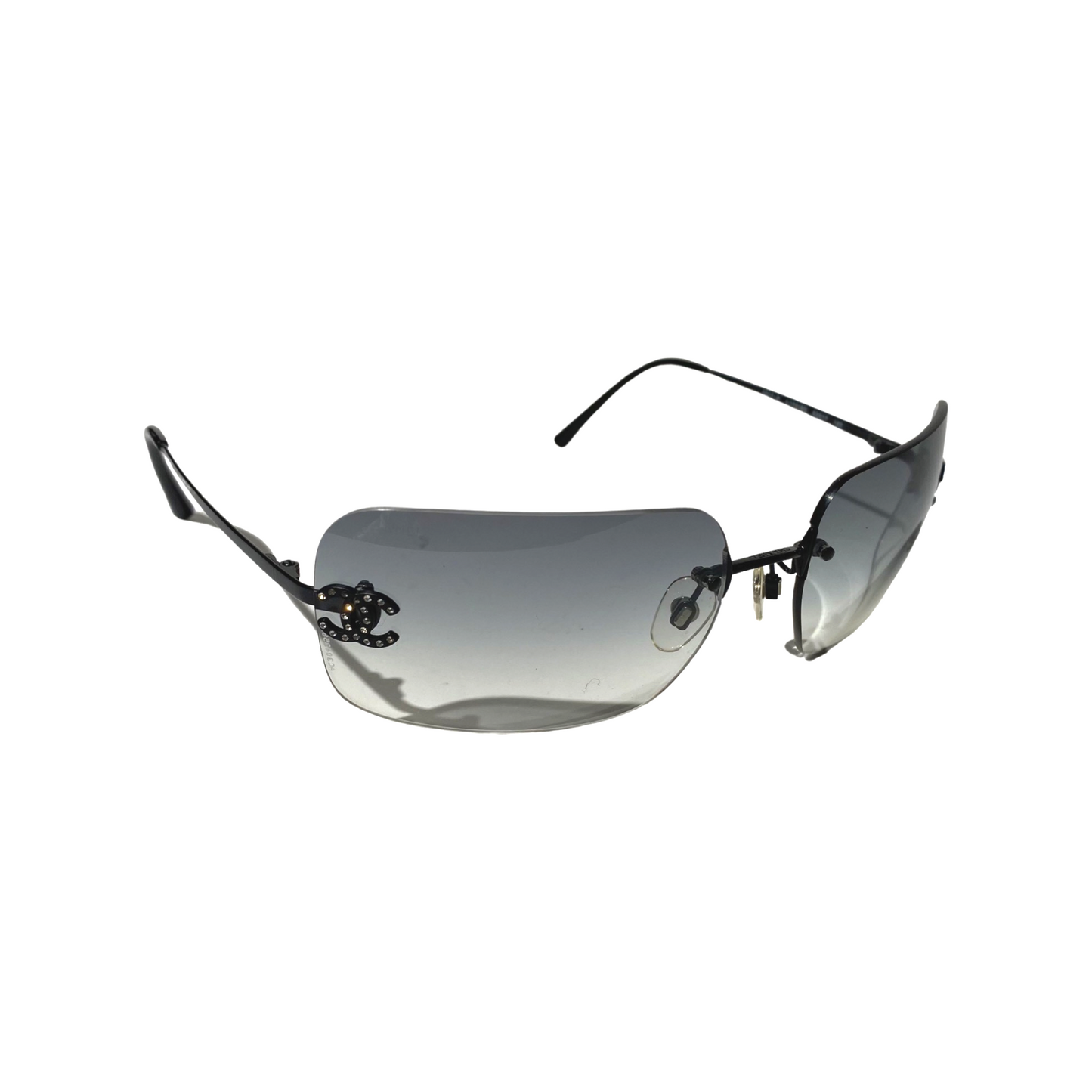 Chanel 2000s Black Gradient Rhinestone Rimless Sunglasses