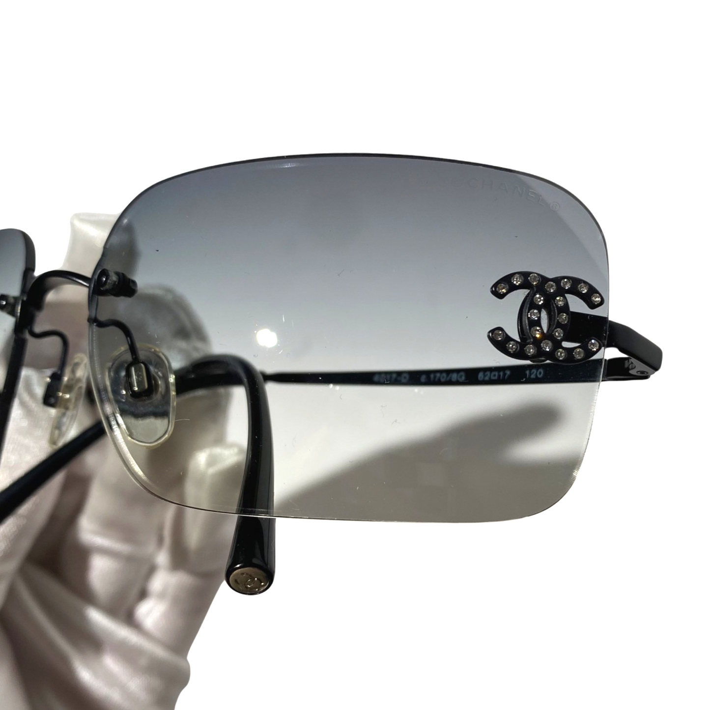 Chanel 2000s Black Gradient Rhinestone Rimless Sunglasses