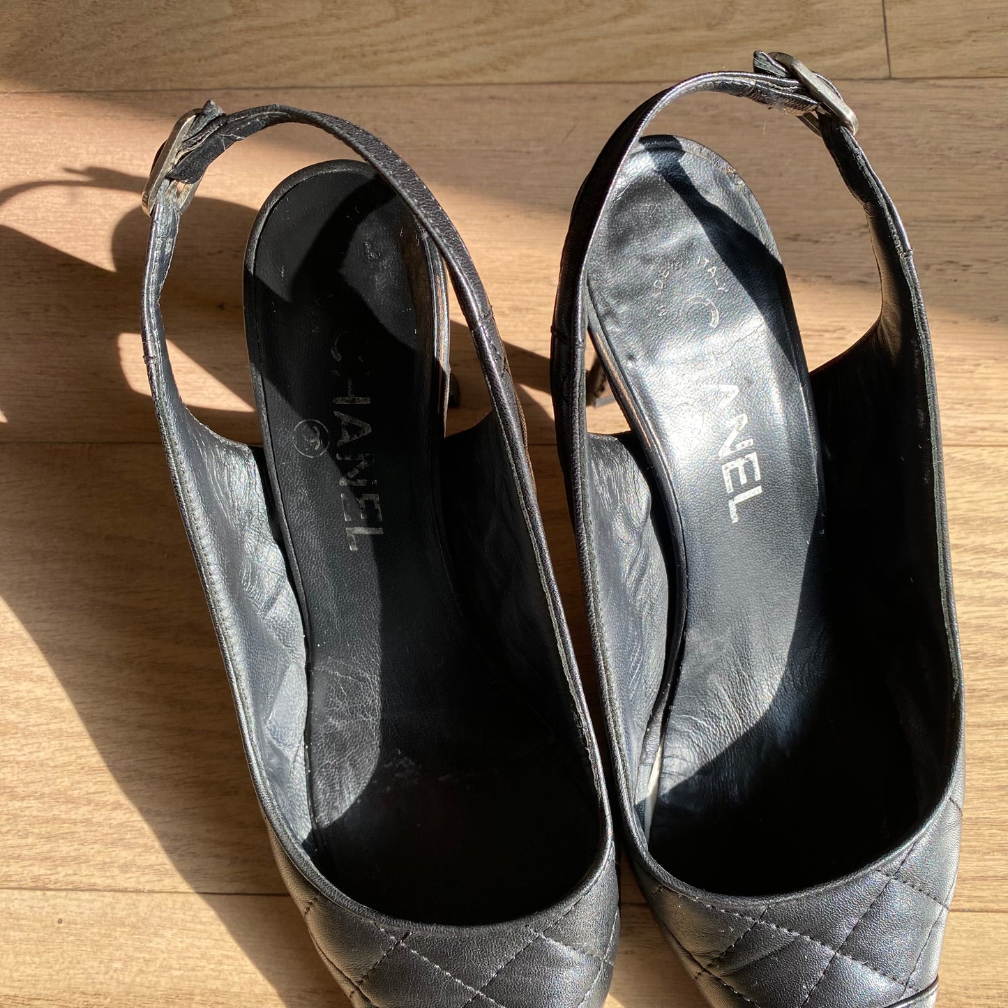 Chanel Black CC Logo Quilted Slingback Heels