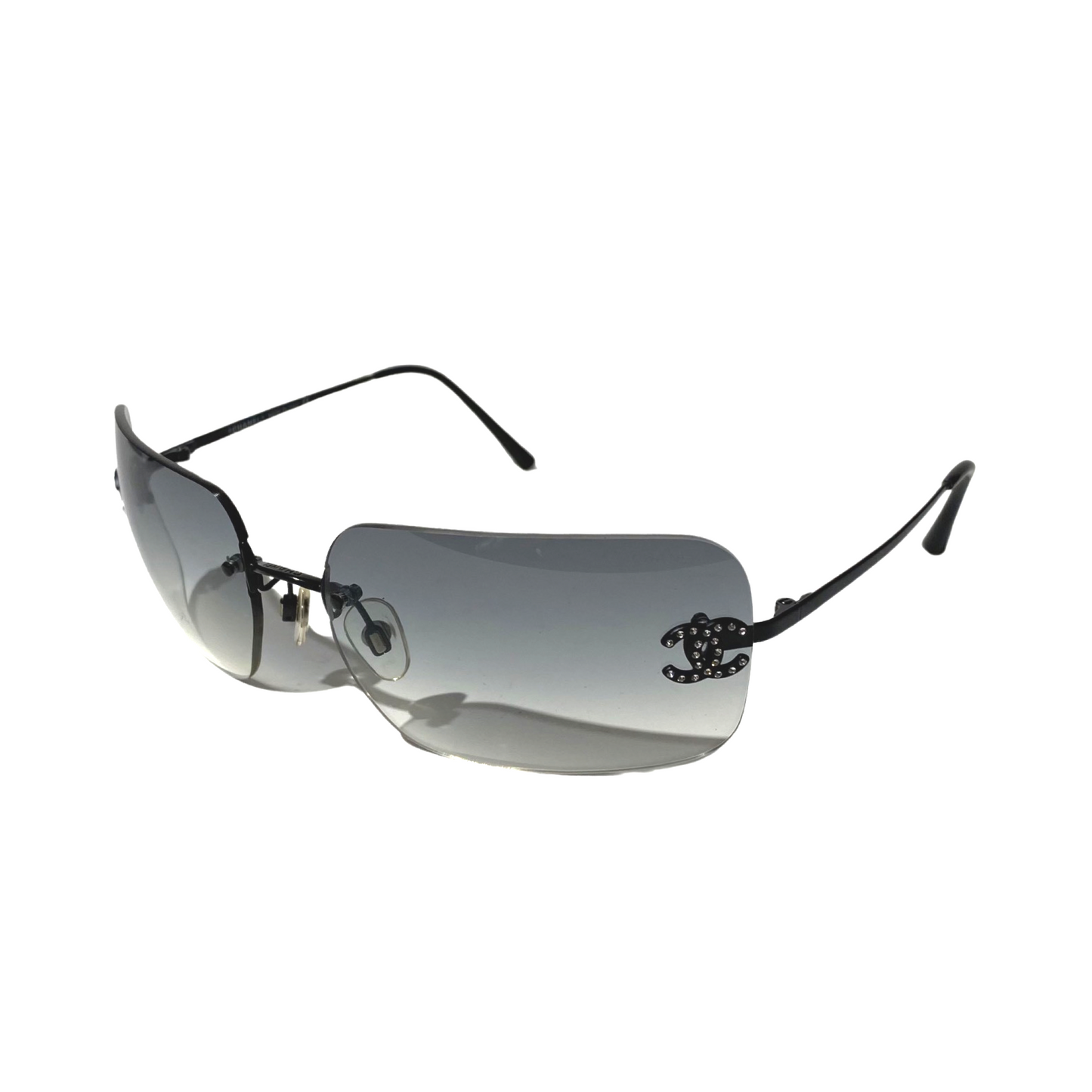 Chanel 2000s Black Gradient Rhinestone Rimless Sunglasses