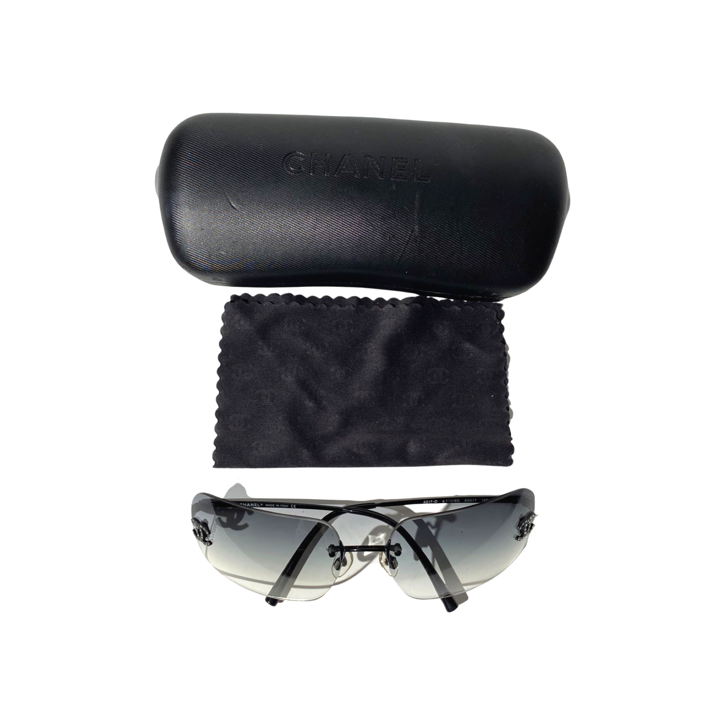 Chanel 2000s Black Gradient Rhinestone Rimless Sunglasses