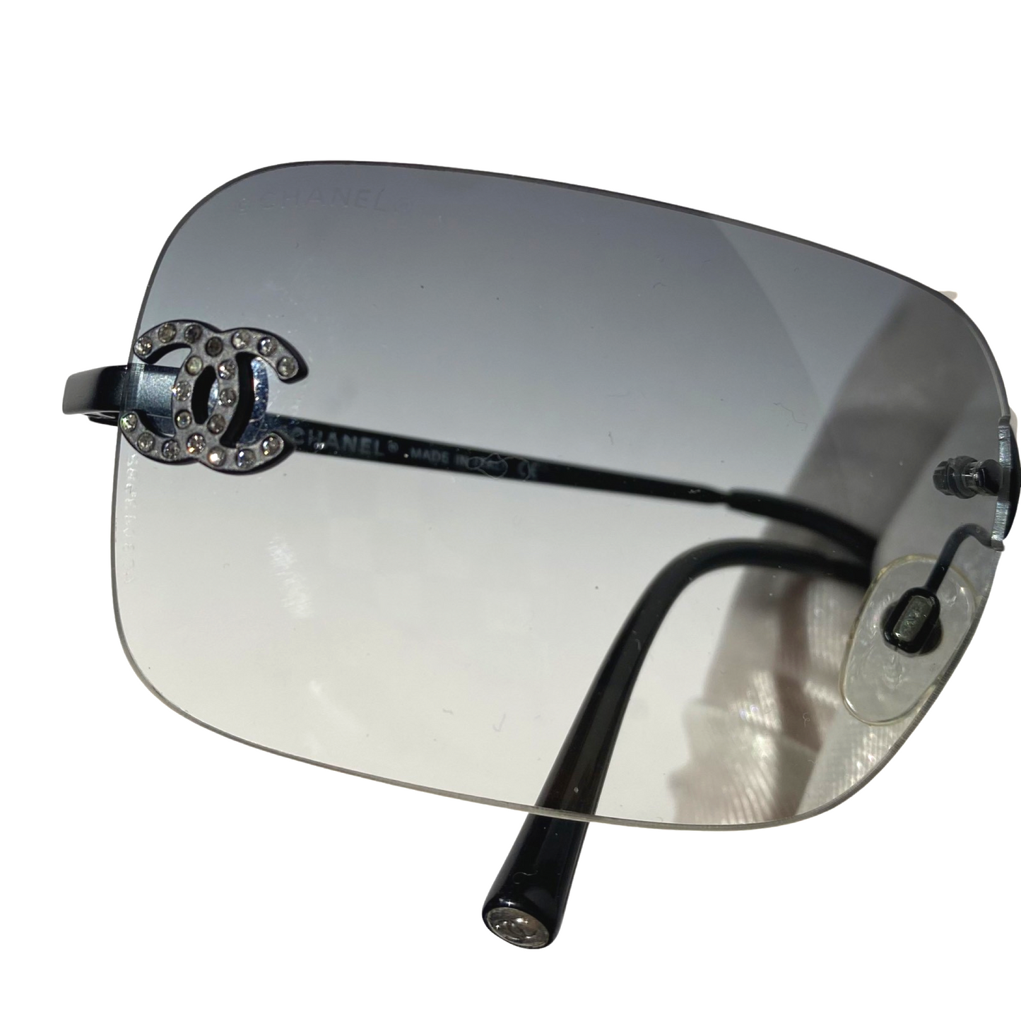 Chanel 2000s Black Gradient Rhinestone Rimless Sunglasses