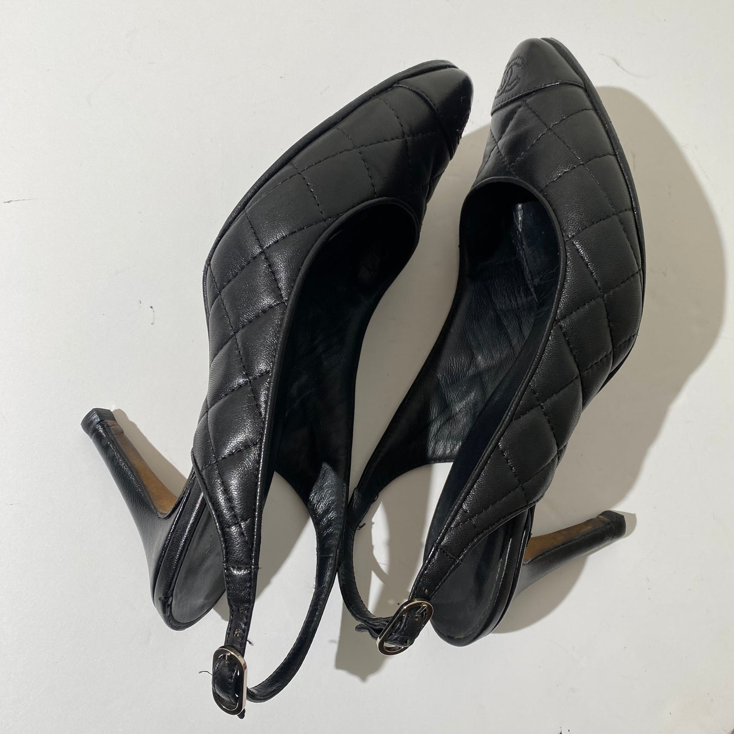 Chanel Black CC Logo Quilted Slingback Heels