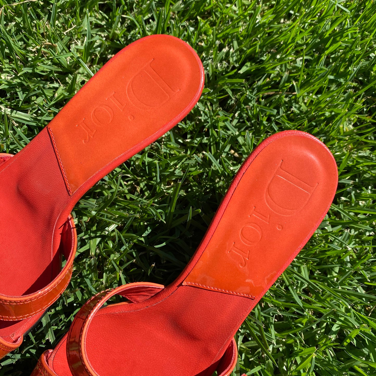 Dior D Logo Buckle Orange Patent Leather Wedge Sandals
