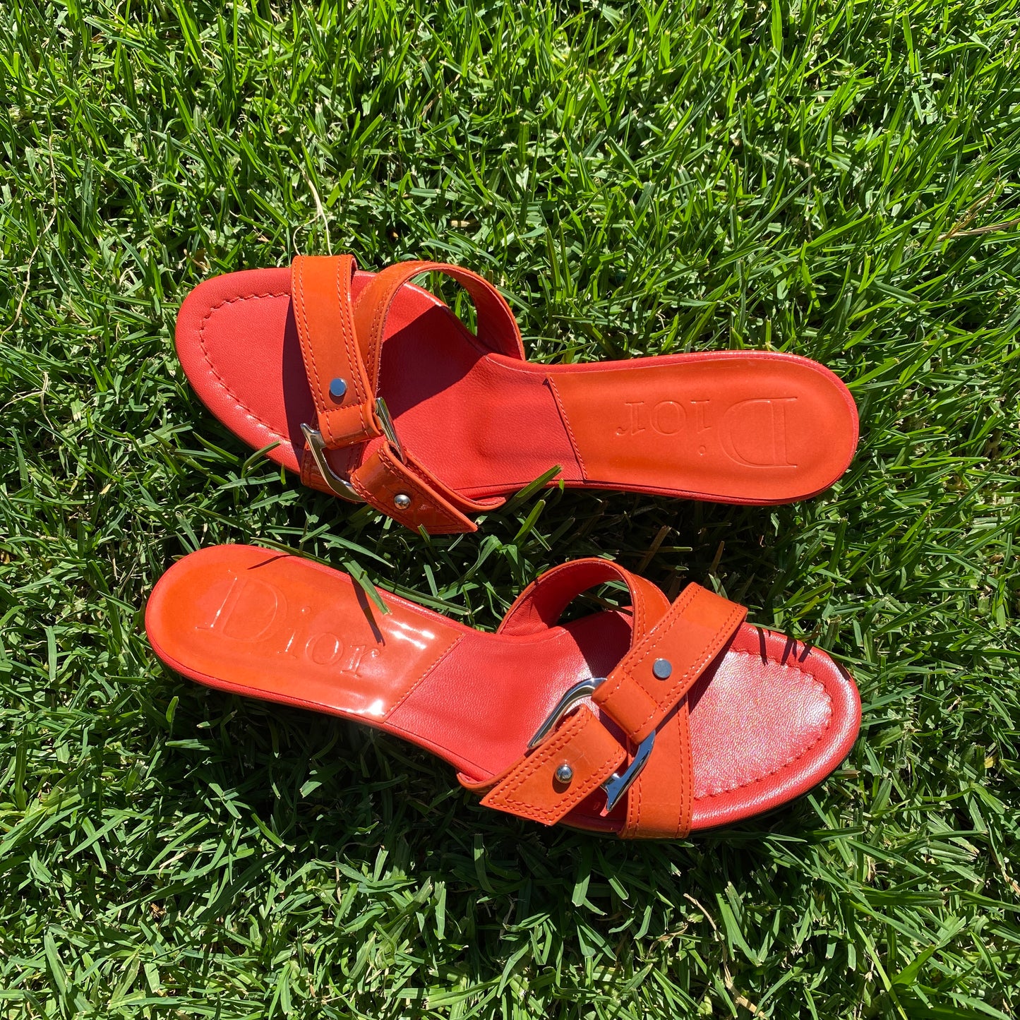 Dior D Logo Buckle Orange Patent Leather Wedge Sandals