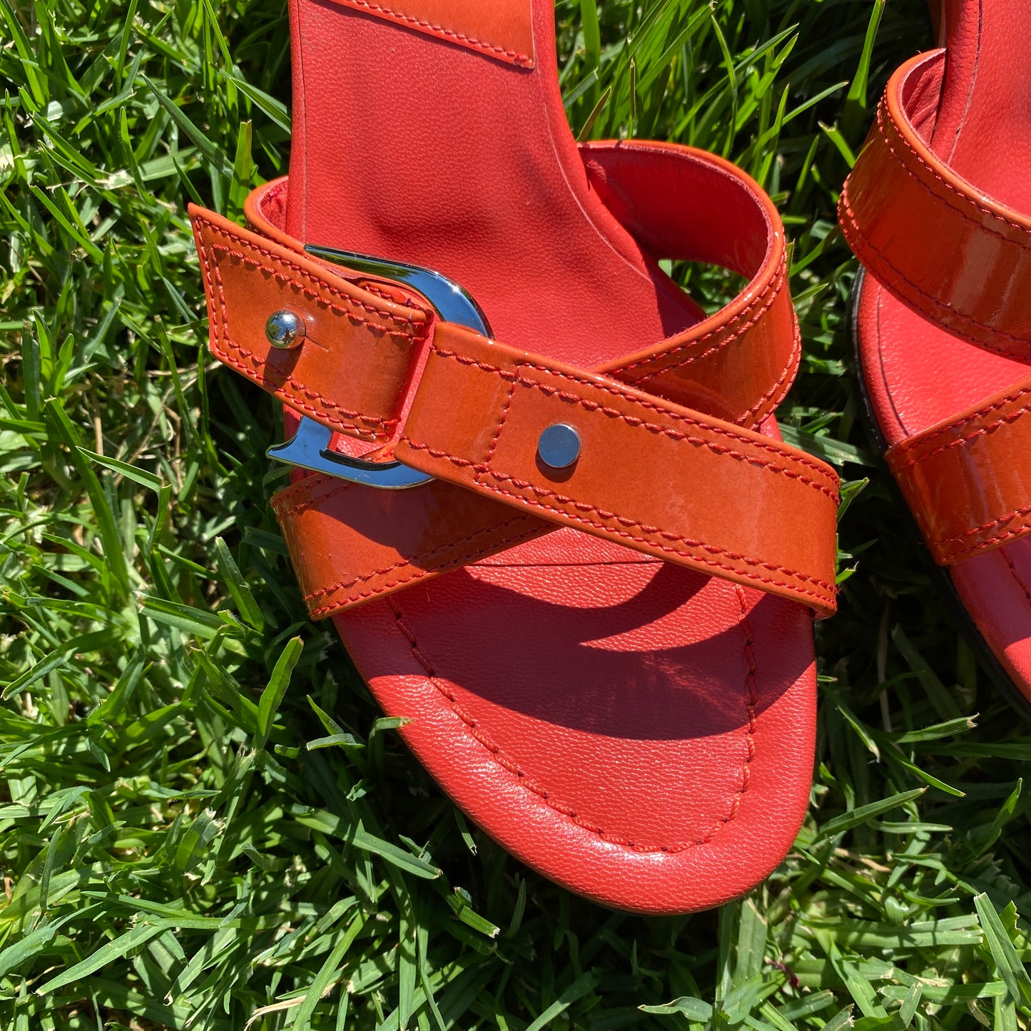 Dior D Logo Buckle Orange Patent Leather Wedge Sandals