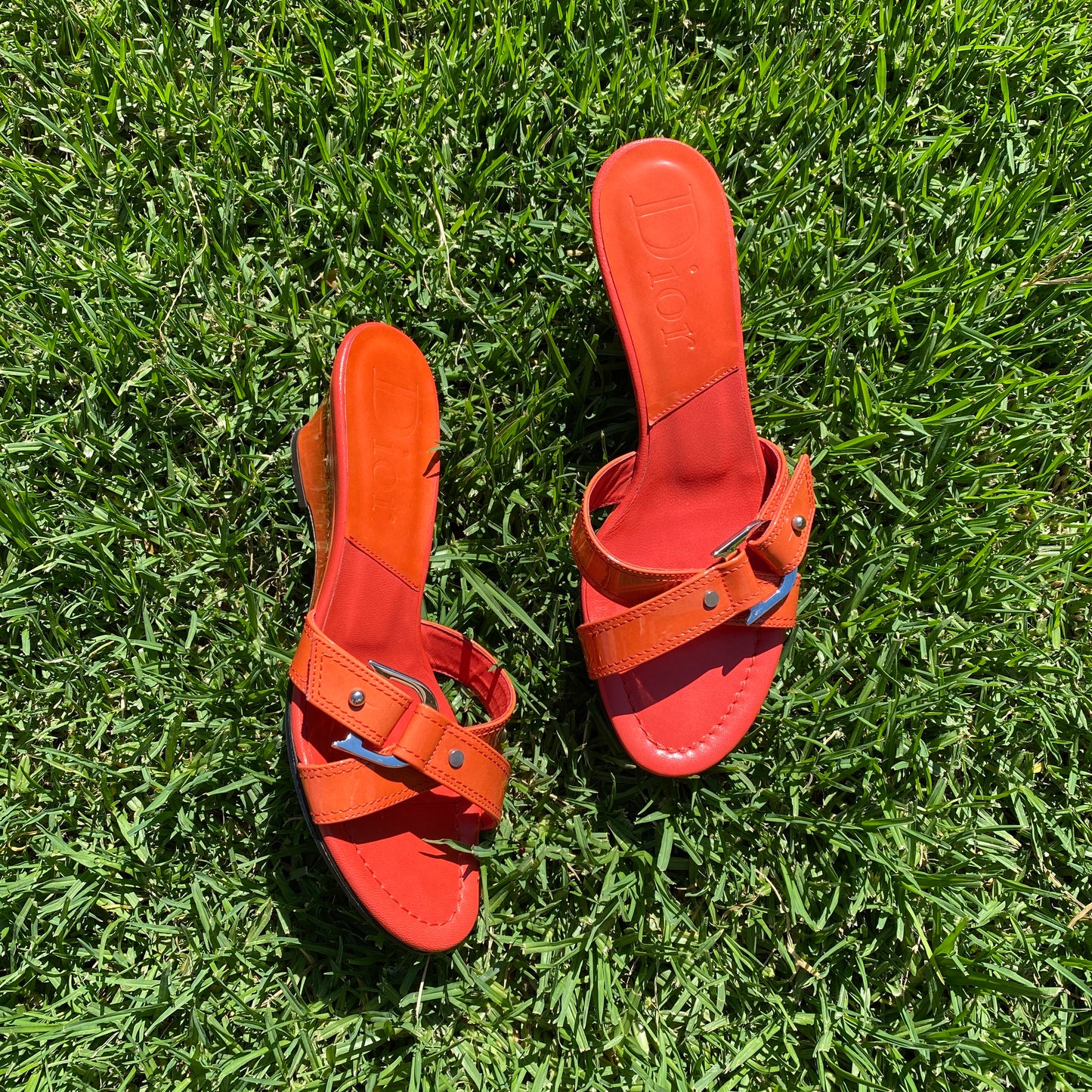 Dior D Logo Buckle Orange Patent Leather Wedge Sandals