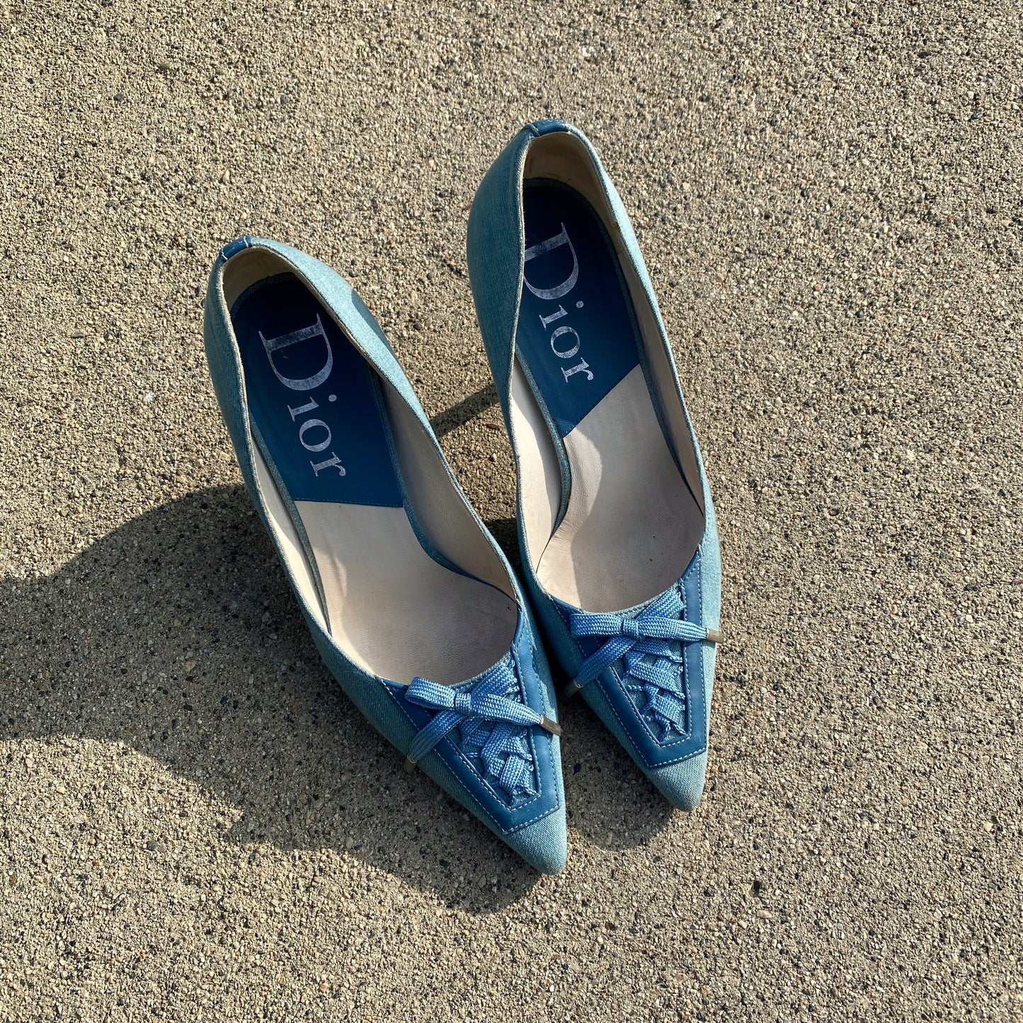 Dior 2002 Spring Denim Lace-up Bow Pointed Toe Pumps