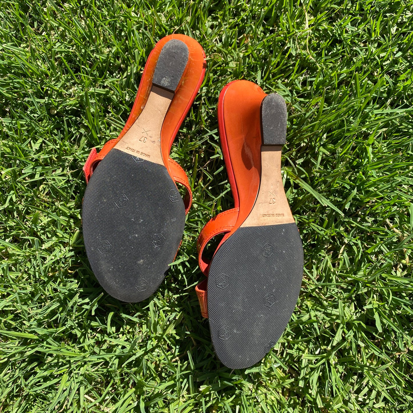 Dior D Logo Buckle Orange Patent Leather Wedge Sandals
