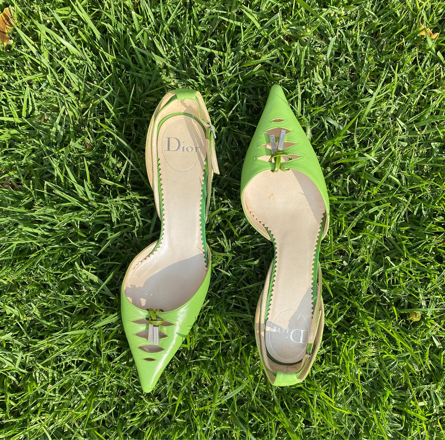 Dior Early 2000s Green / Blue Pointed Toe Kitten Heels