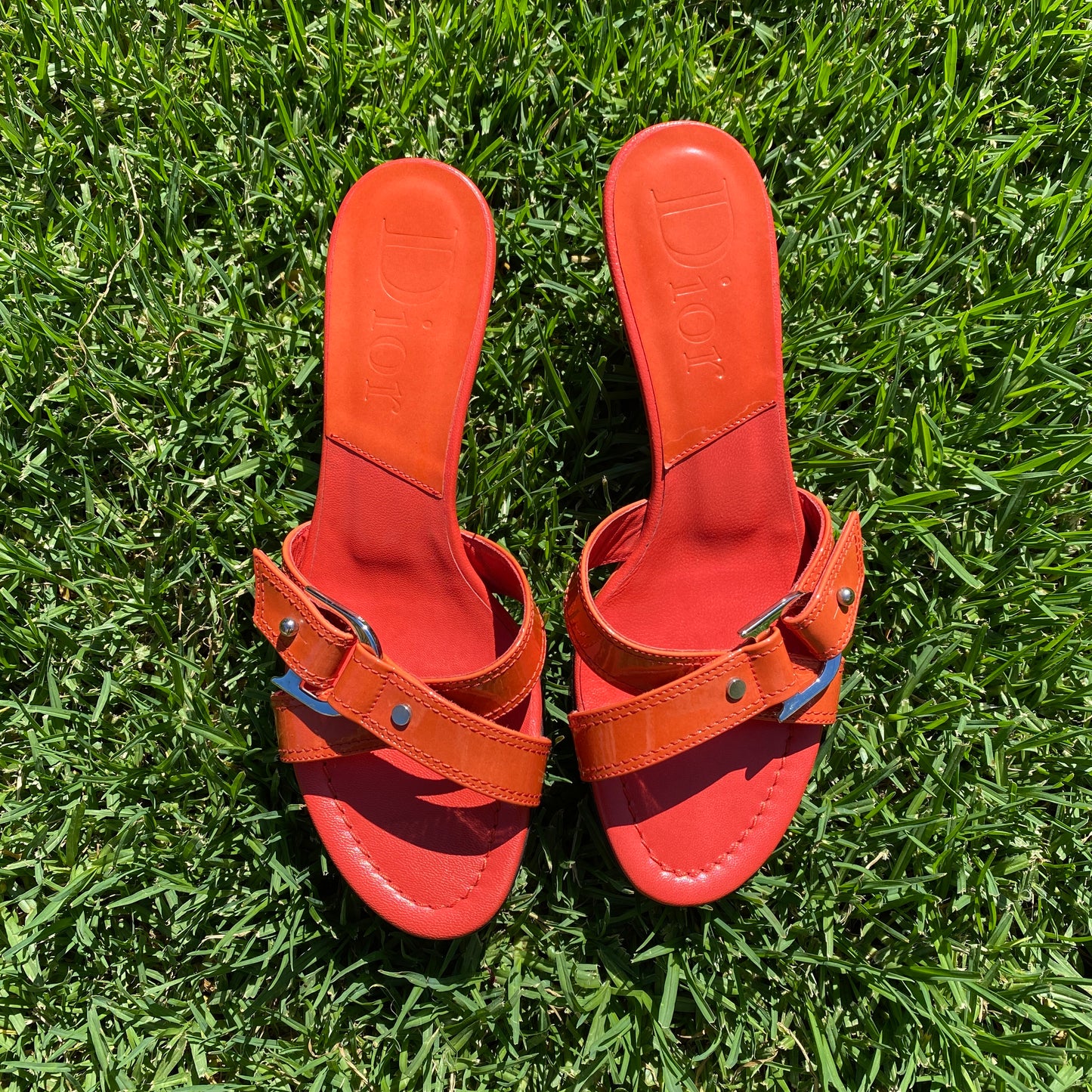 Dior D Logo Buckle Orange Patent Leather Wedge Sandals