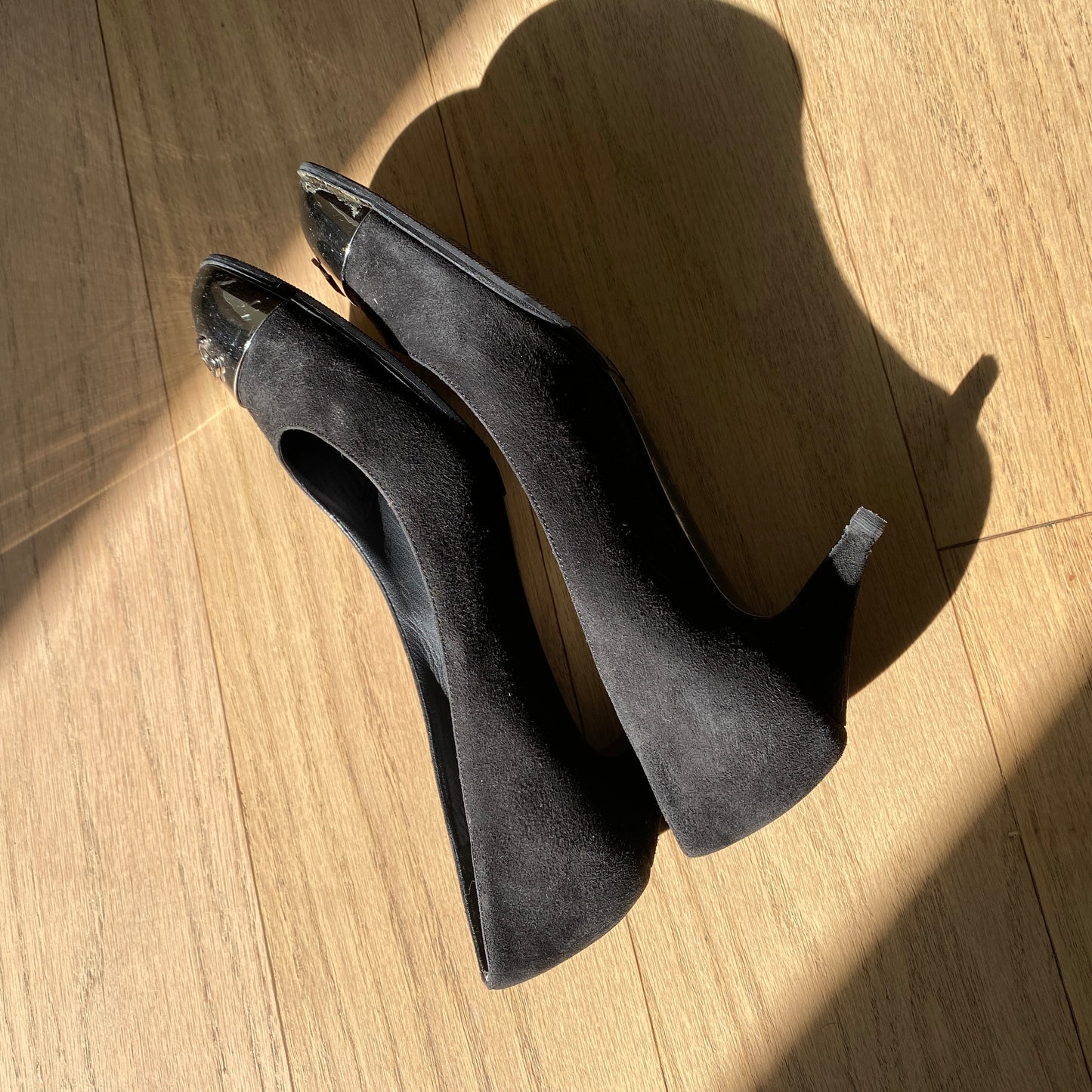 Chanel CC Logo Silver Black Suede Pumps