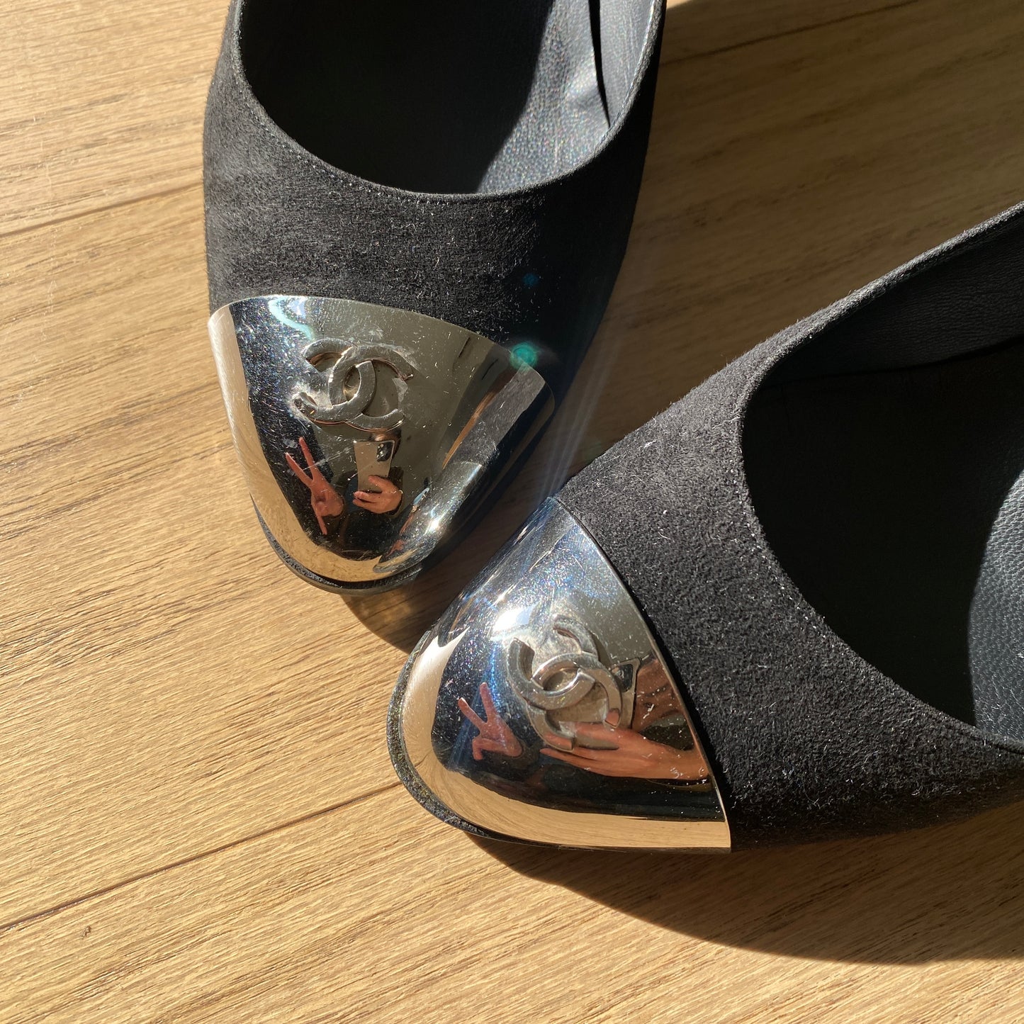 Chanel CC Logo Silver Black Suede Pumps