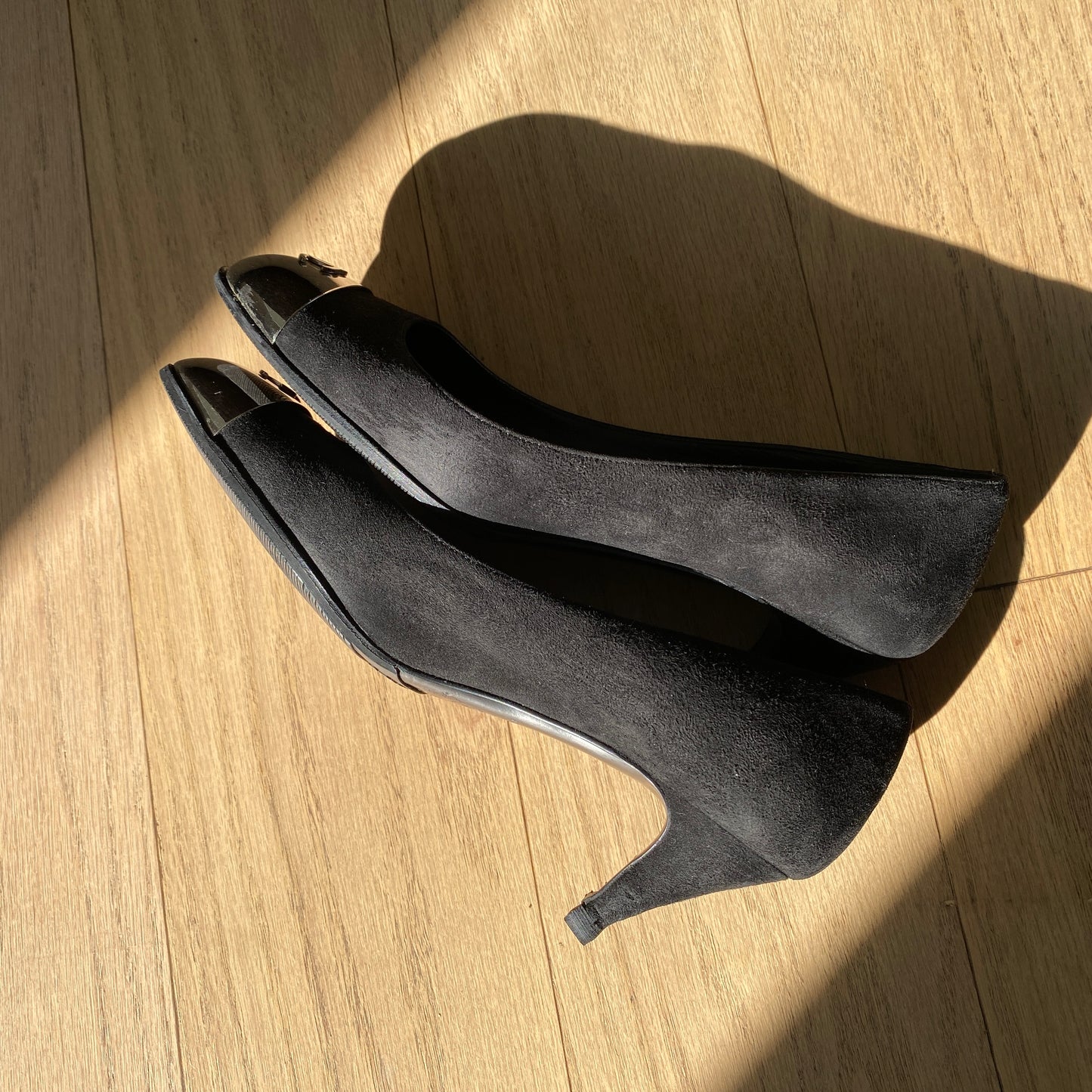 Chanel CC Logo Silver Black Suede Pumps