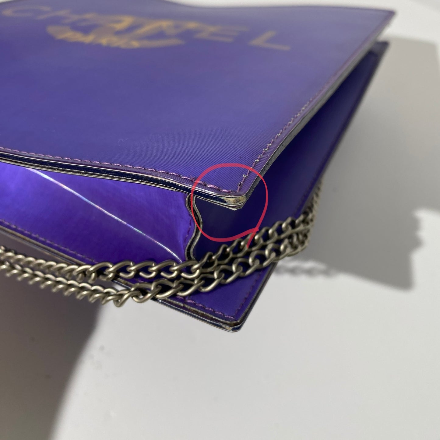 Chanel 2001 Purple Holographic CC Logo Chain Tote Bag
