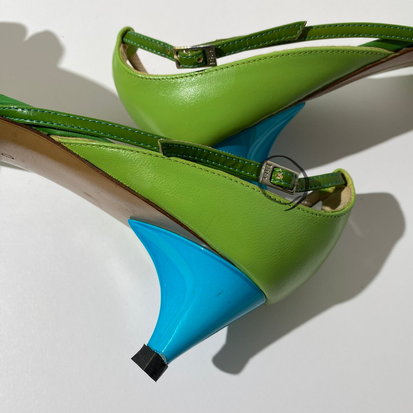 Dior Early 2000s Green / Blue Pointed Toe Kitten Heels
