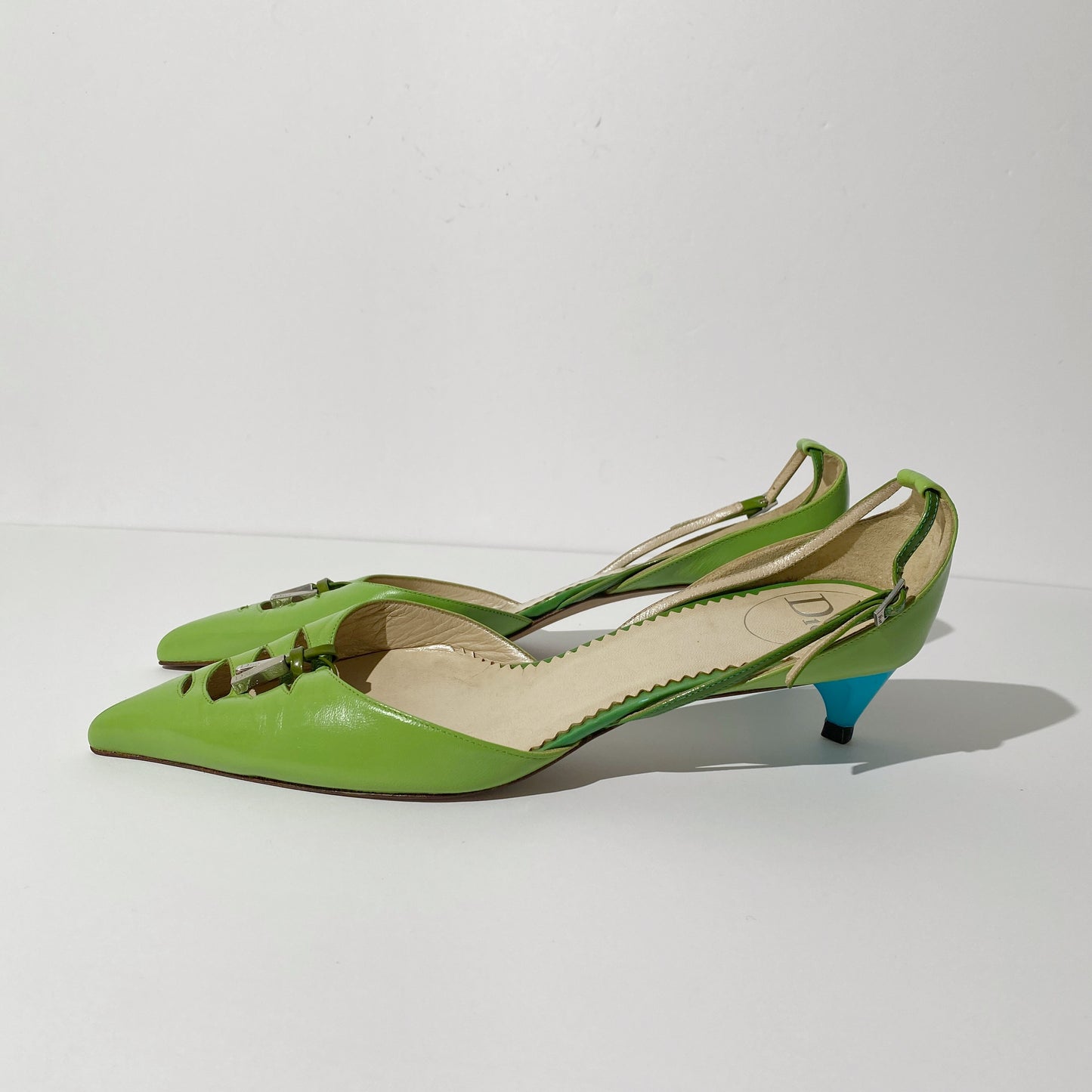 Dior Early 2000s Green / Blue Pointed Toe Kitten Heels