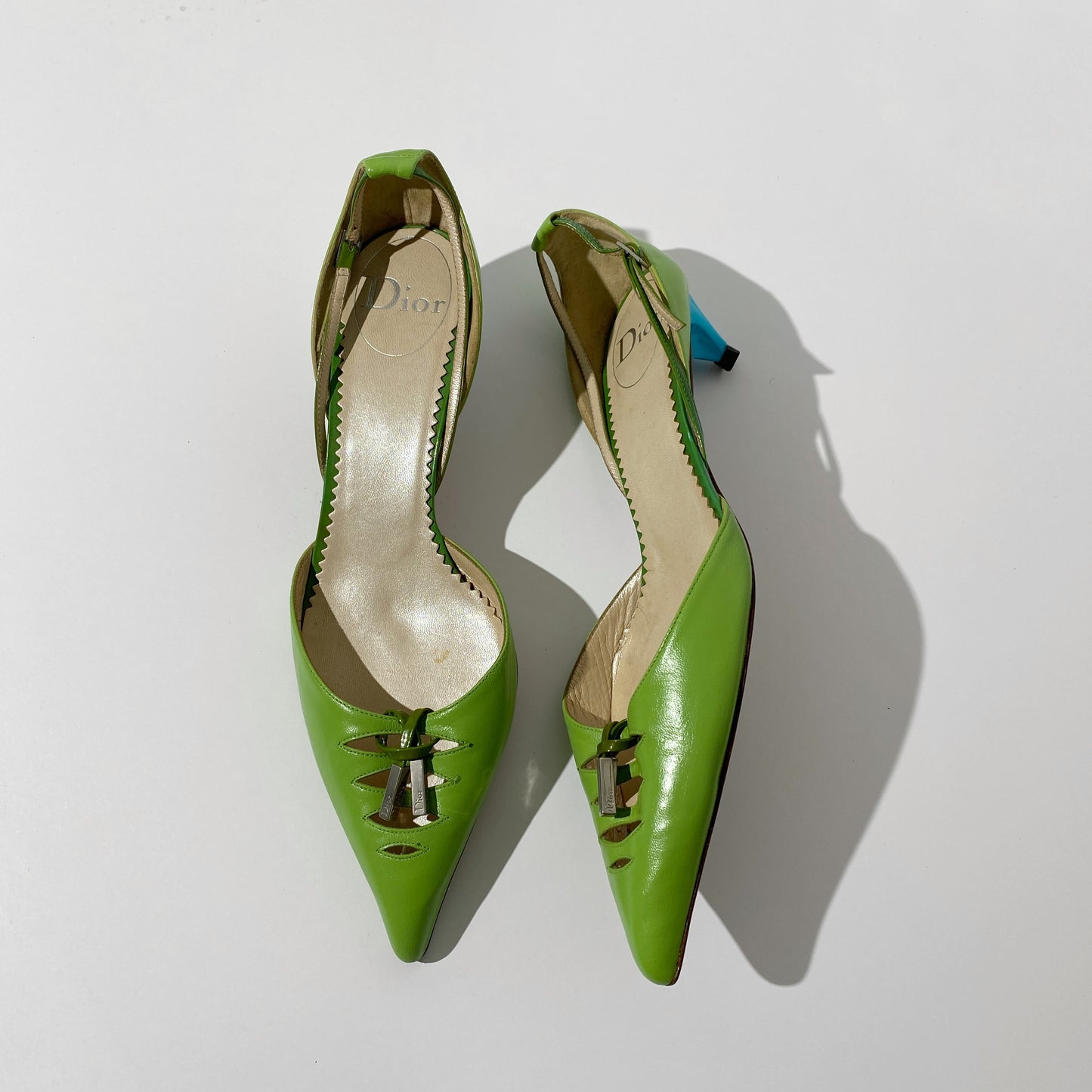 Dior Early 2000s Green / Blue Pointed Toe Kitten Heels