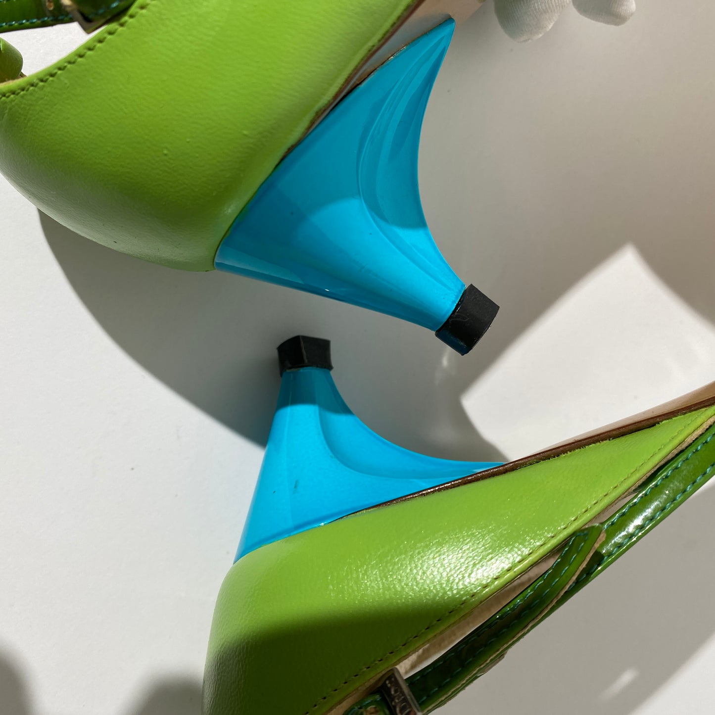 Dior Early 2000s Green / Blue Pointed Toe Kitten Heels