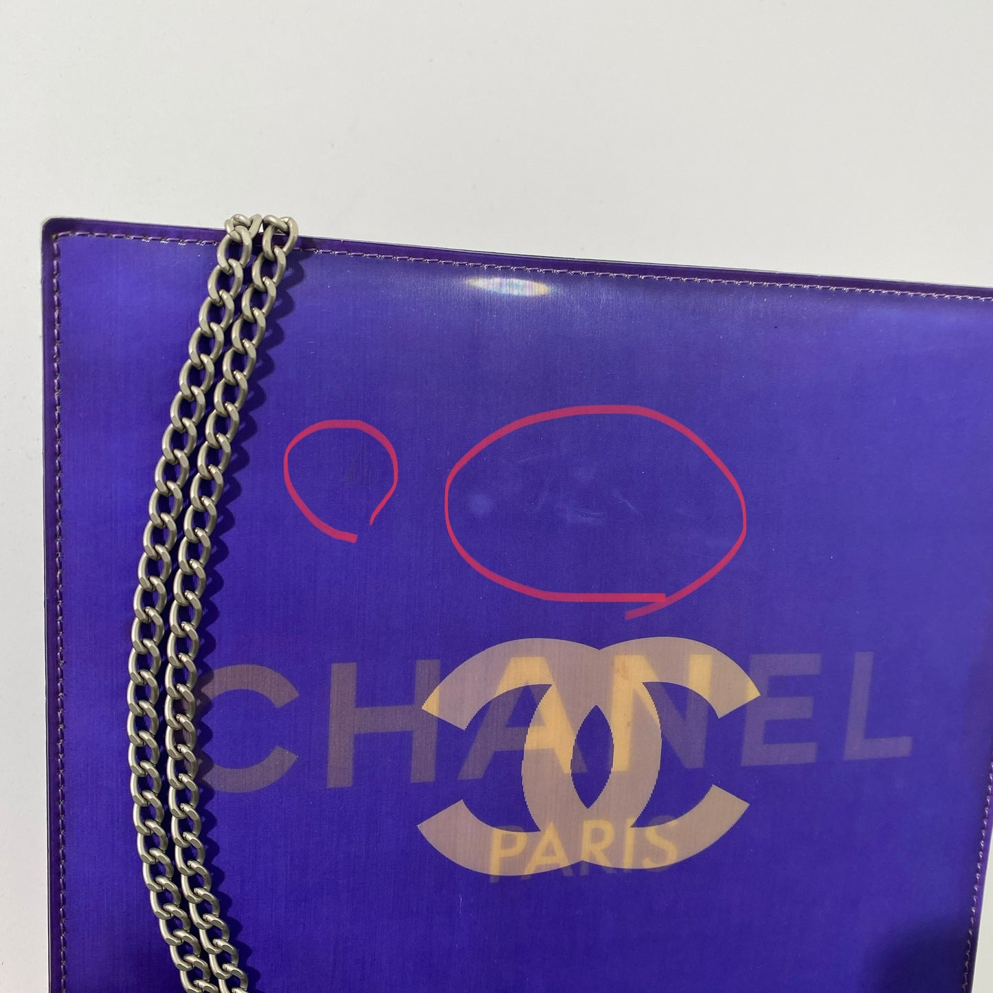 Chanel 2001 Purple Holographic CC Logo Chain Tote Bag