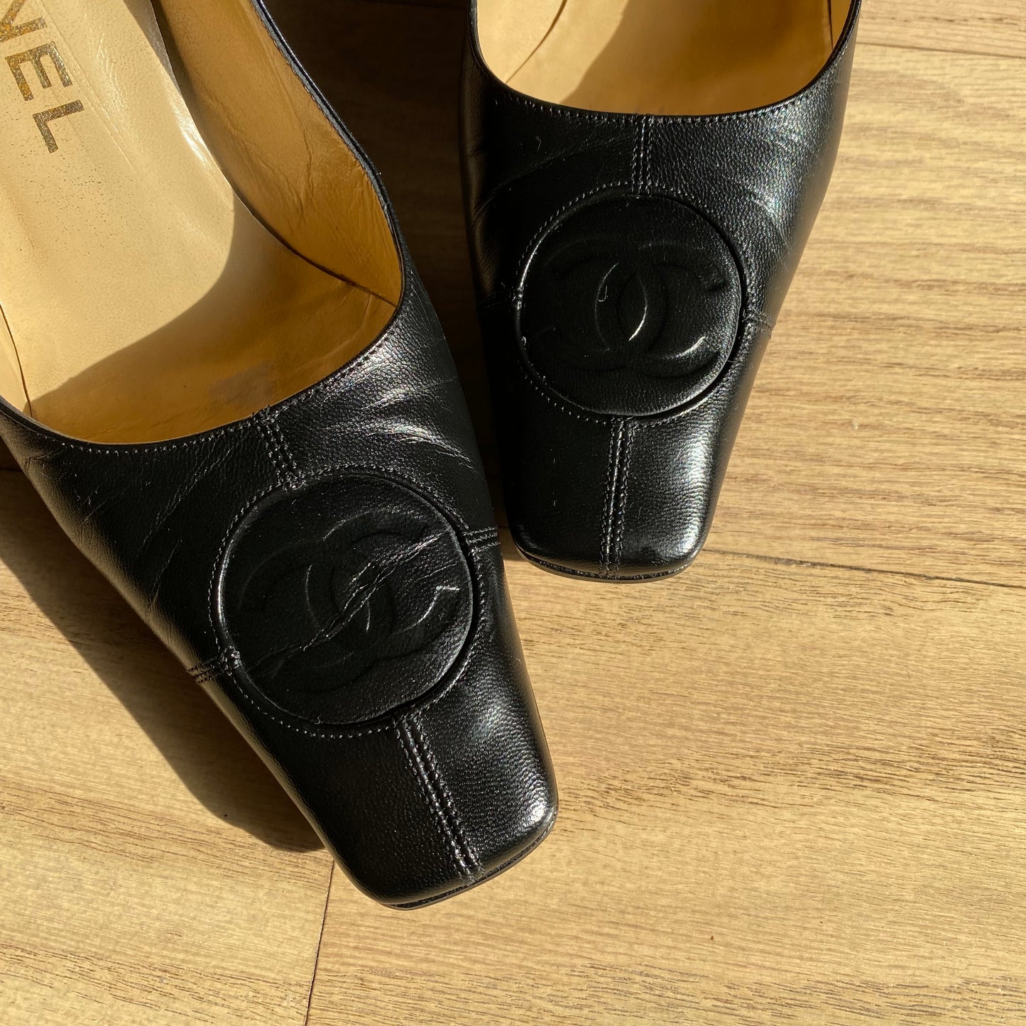 Chanel Black Leather Square Pointed Toe Pumps