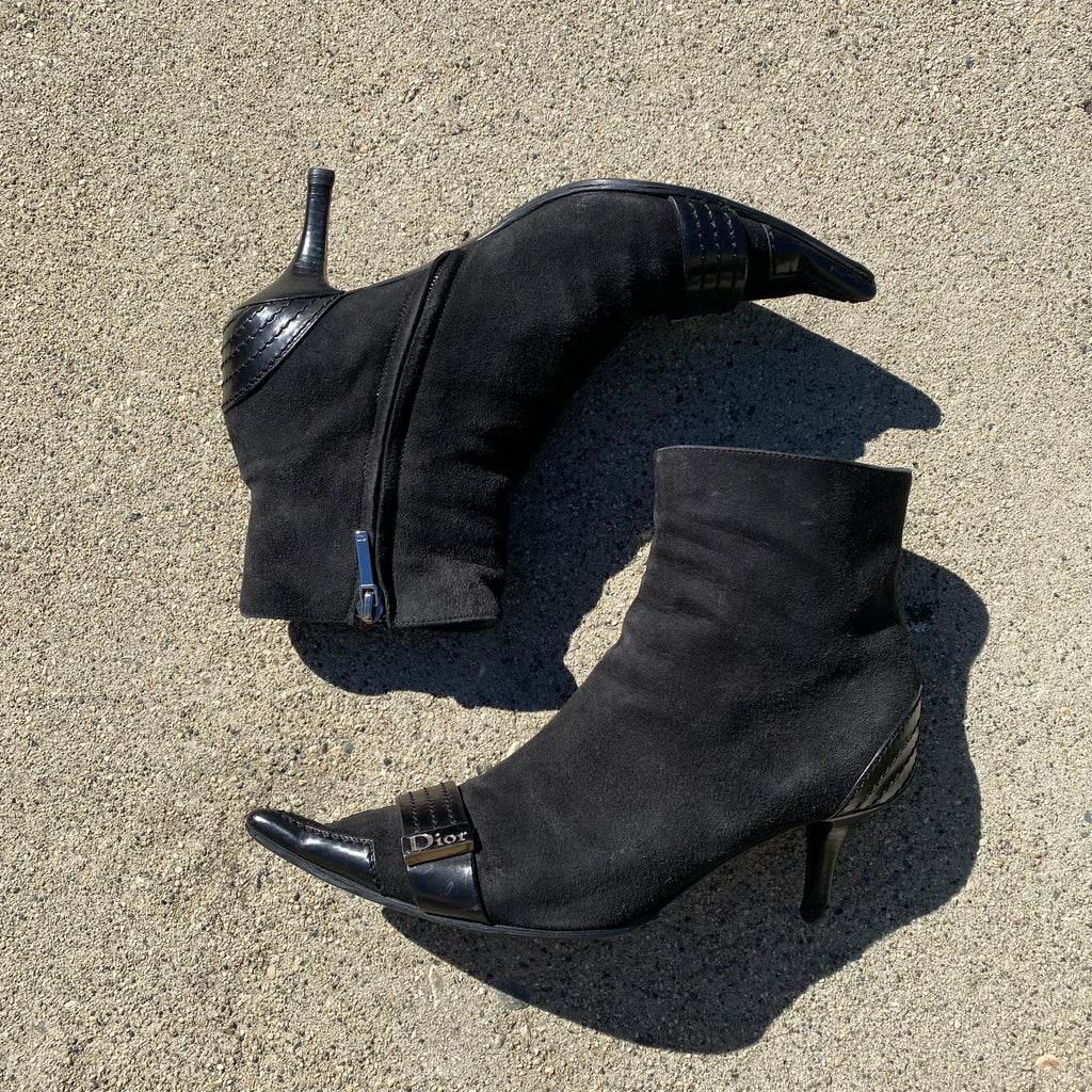Dior Early 2000s Suede Black Pointed Toe Ankle Boots