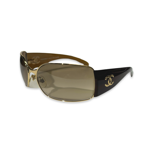 Chanel Early 2000s CC Mark Gold Brown Sunglasses