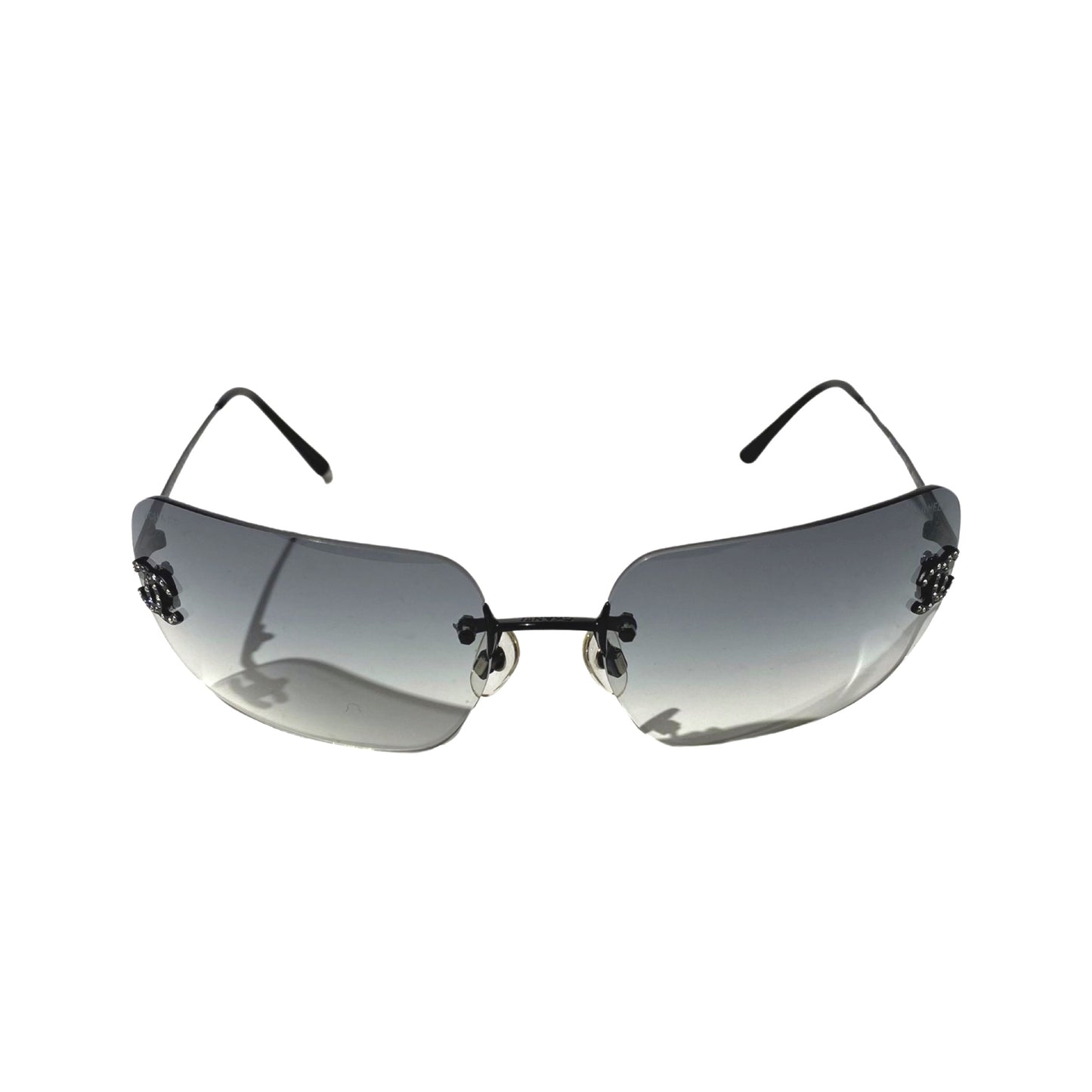 Chanel 2000s Black Gradient Rhinestone Rimless Sunglasses