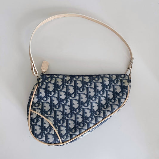 Dior 2001 Navy Blue Trotter Monogram Mini Saddle Bag