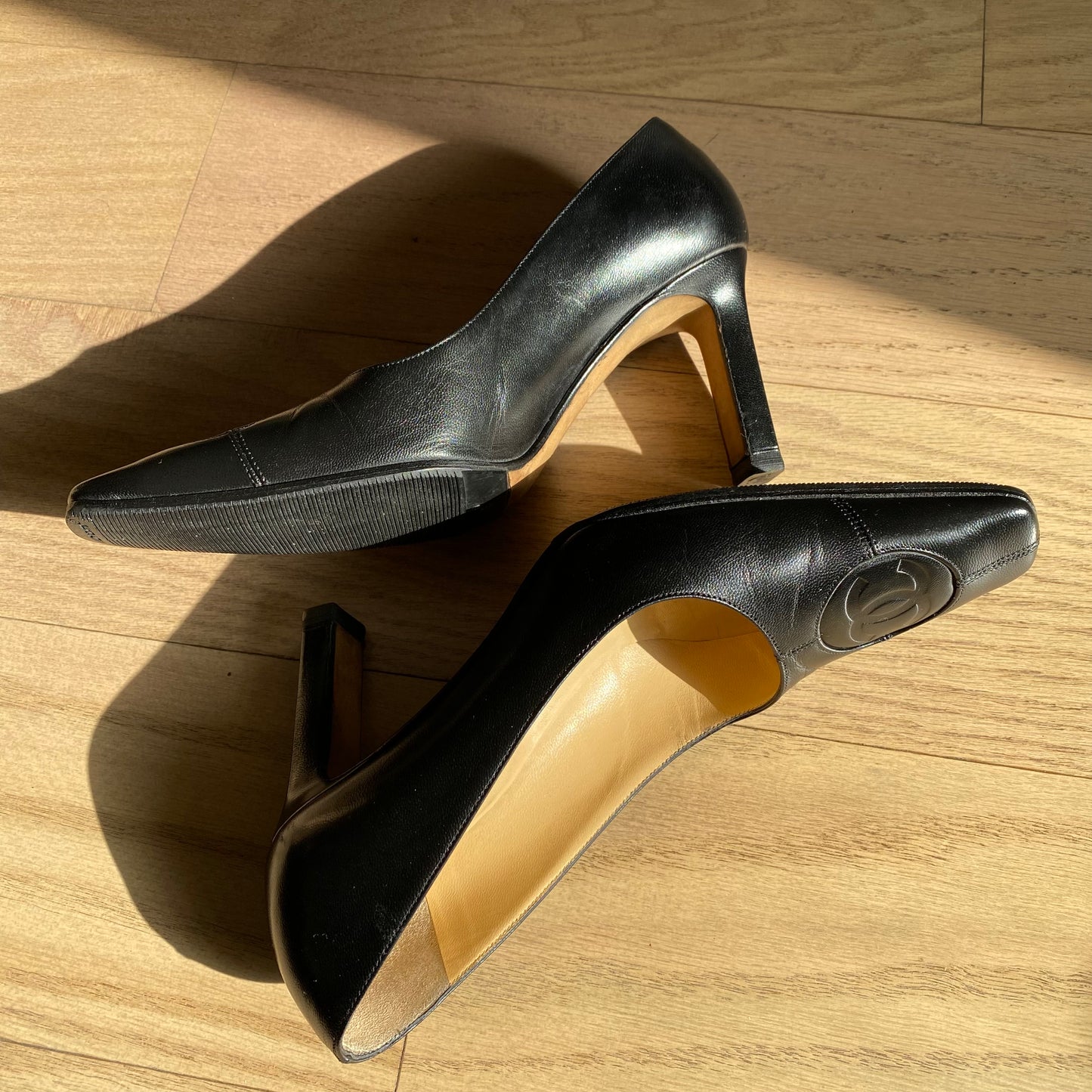 Chanel Black Leather Square Pointed Toe Pumps