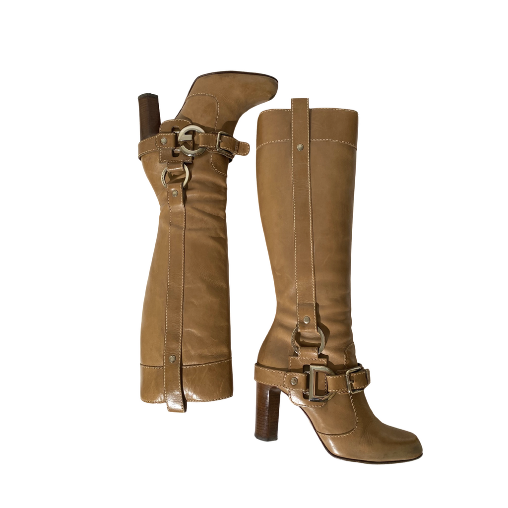 Dolce and Gabbana DG Logo Buckled Leather Knee-hight Boots
