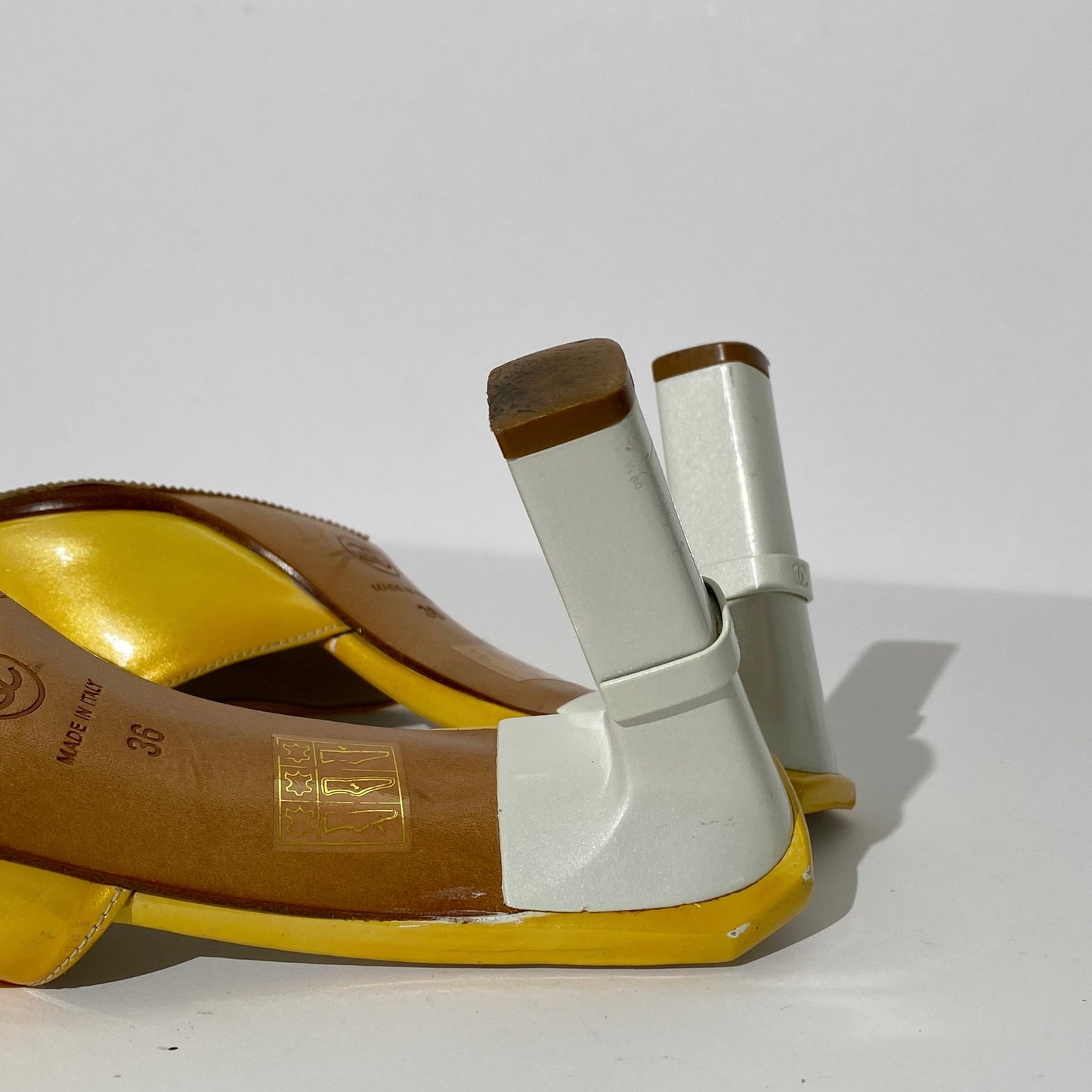 Chanel 2001 SS Yellow Patent Leather CC Logo Mules