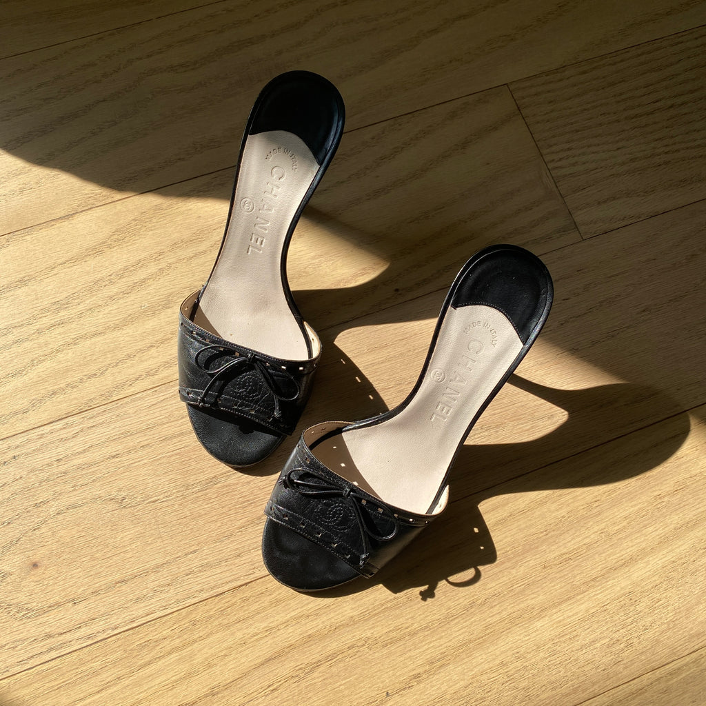 Chanel Black CC Logo Bow Sandals