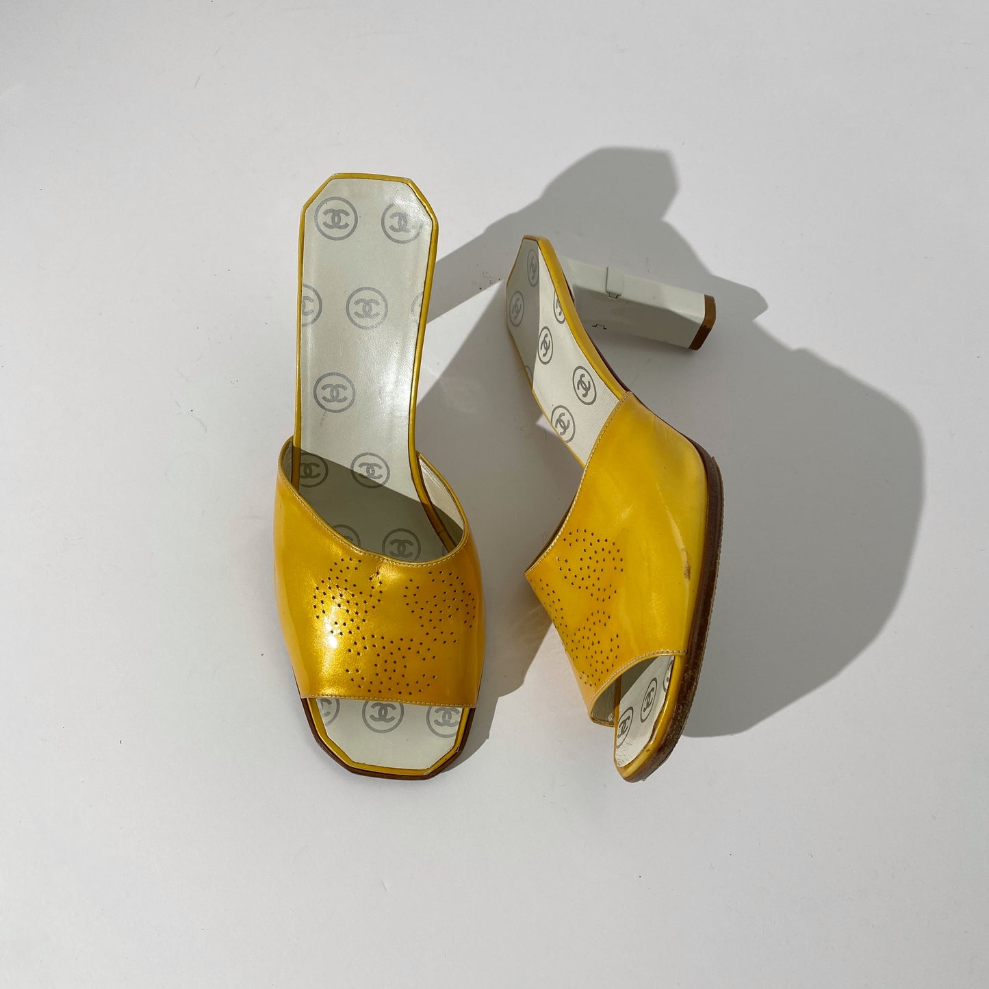 Chanel 2001 SS Yellow Patent Leather CC Logo Mules