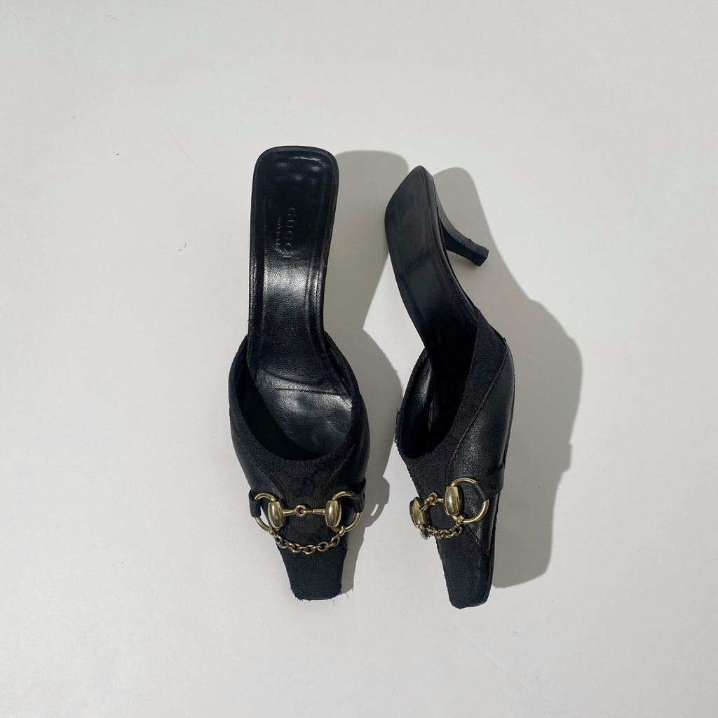 Gucci Monogram Black Horsebit Pointed Square Toe Heels