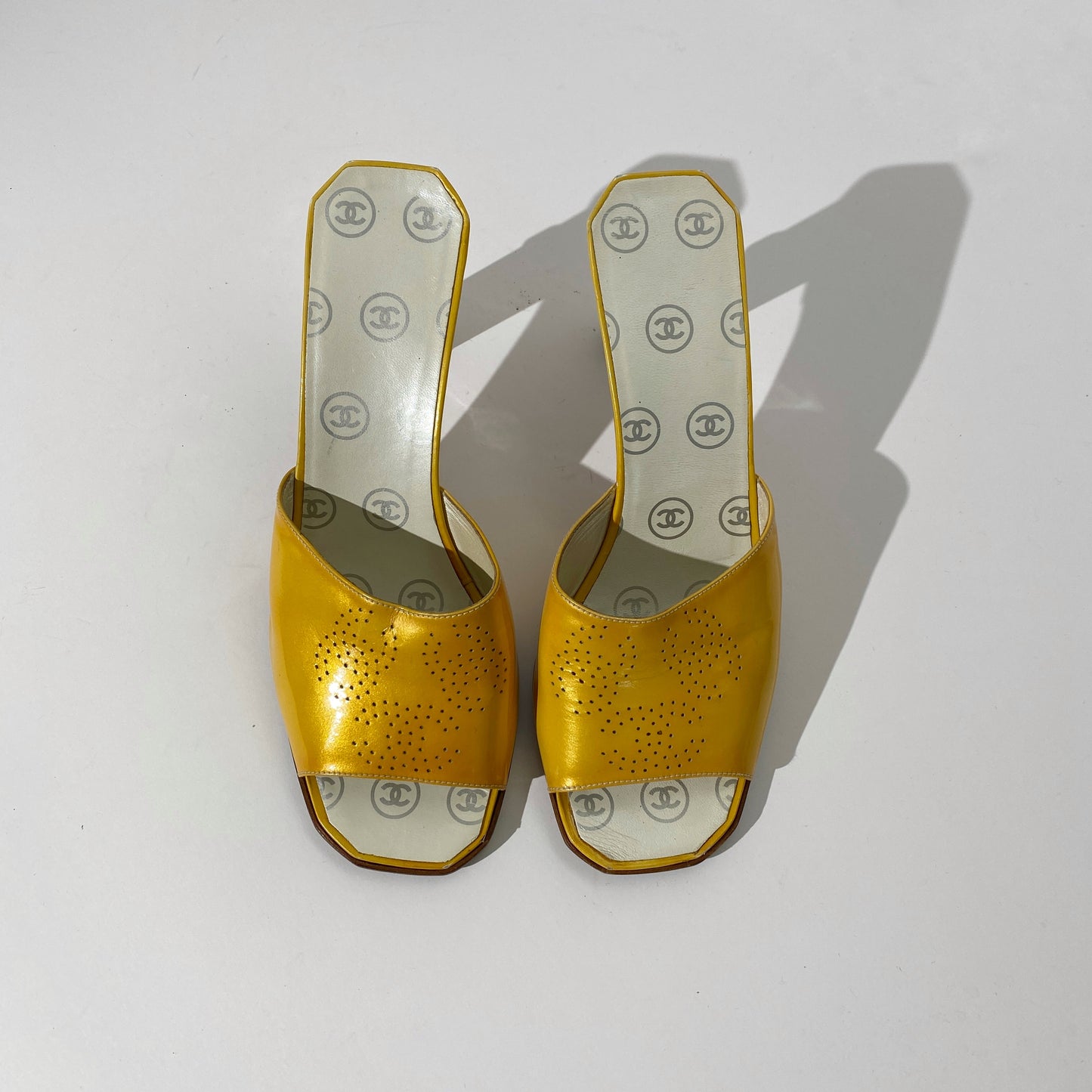 Chanel 2001 SS Yellow Patent Leather CC Logo Mules