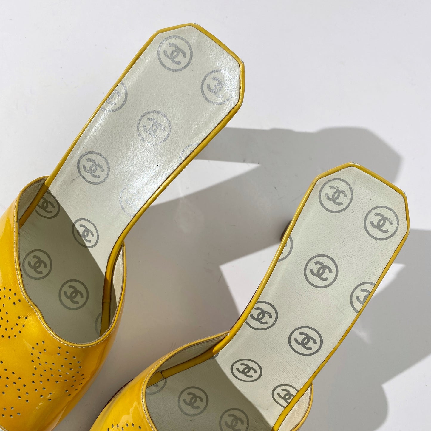 Chanel 2001 SS Yellow Patent Leather CC Logo Mules