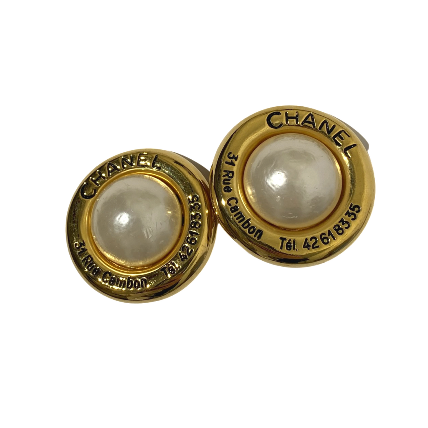 Chanel 1980s 31 Rue Cambon Telephone Number Pearl Clip on Earrings