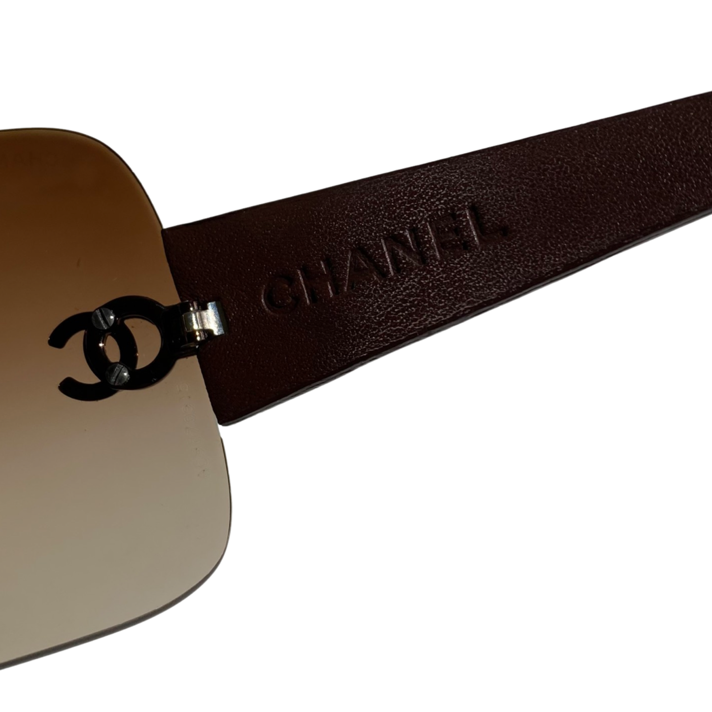 Chanel Brown Leather Quilted Shield Rimless Sunglasses