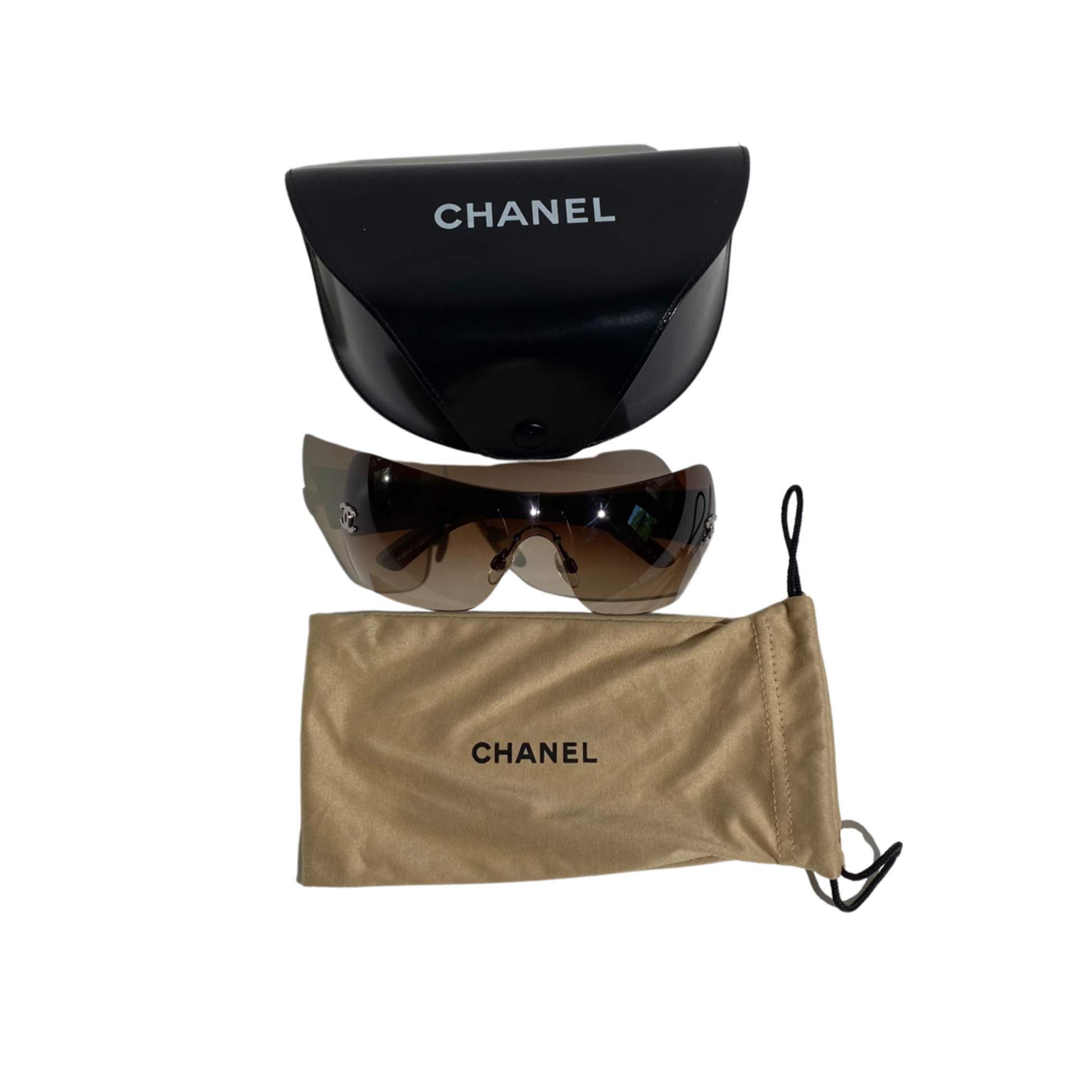 Chanel Brown Leather Quilted Shield Rimless Sunglasses 4157 Q 