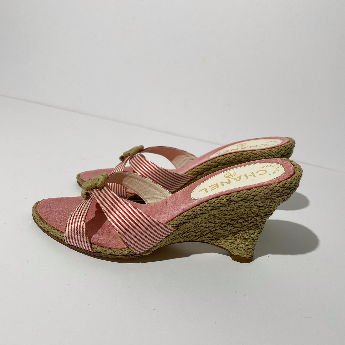 Chanel CC Pink Red Striped Espadrille Wedge Sandals
