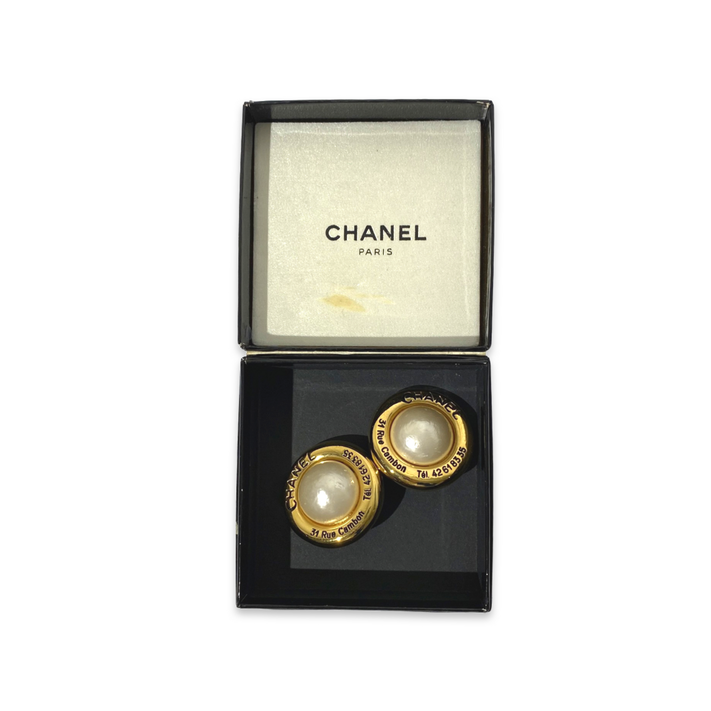 Chanel 1980s 31 Rue Cambon Telephone Number Pearl Clip on Earrings